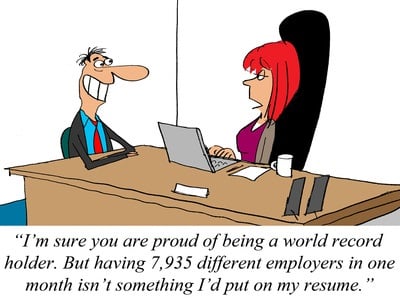 Cartoon with an employer and job applicant around their terrible resume-job hopper
