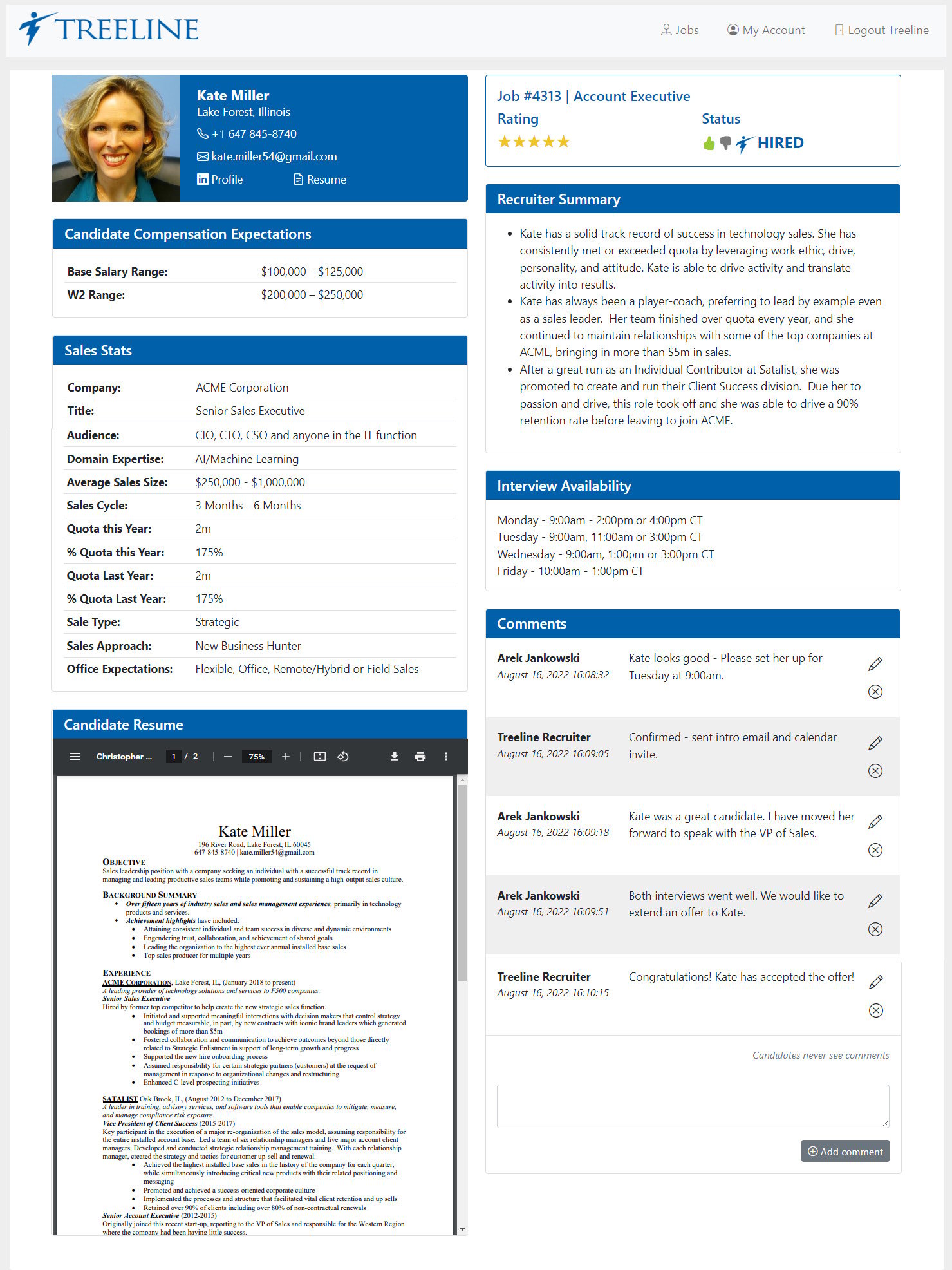 resume sample with sales stats, candidate summary and introduction as well as links to their resume and Linkedin.