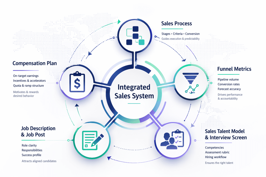 Integrated Sales System showing sales process, funnel metrics, sales talent model, job description, and compensation plan working together.